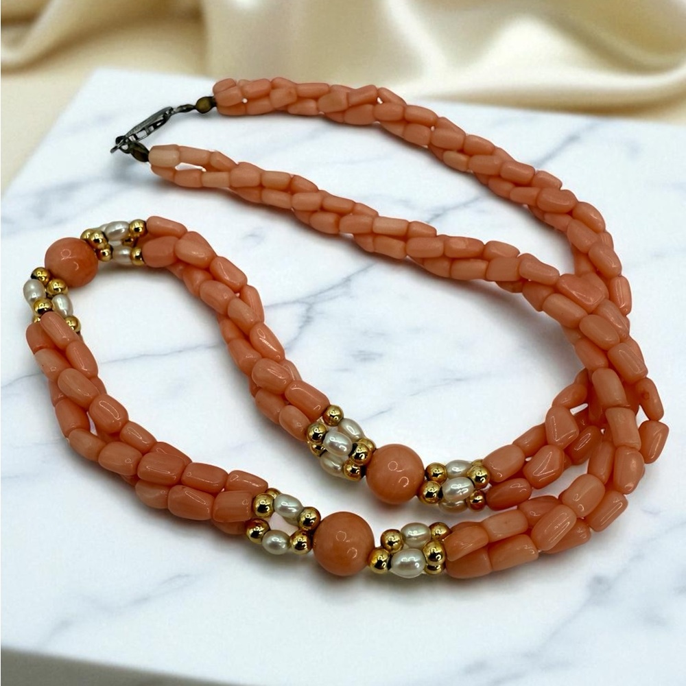 Vintage Angel Skin Coral & Freshwater Pearl 18” 3 Strand Twist Bead Gold Accents - Picture 10 of 17